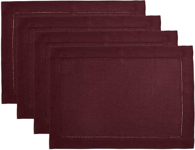 Solino Home Linen Cloth Placemats Set of 4 - 100% Pure Linen Hemstitch Burgundy Placemats 14 x 19 Inch - Classic Hemstitch Table Place Mats for Fall, Autumn, Holiday, Winter