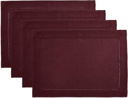 Solino Home Linen Cloth Placemats Set of 4 - 100% Pure Linen Hemstitch Burgundy Placemats 14 x 19 Inch - Classic Hemstitch Table Place Mats for Fall, Autumn, Holiday, Winter