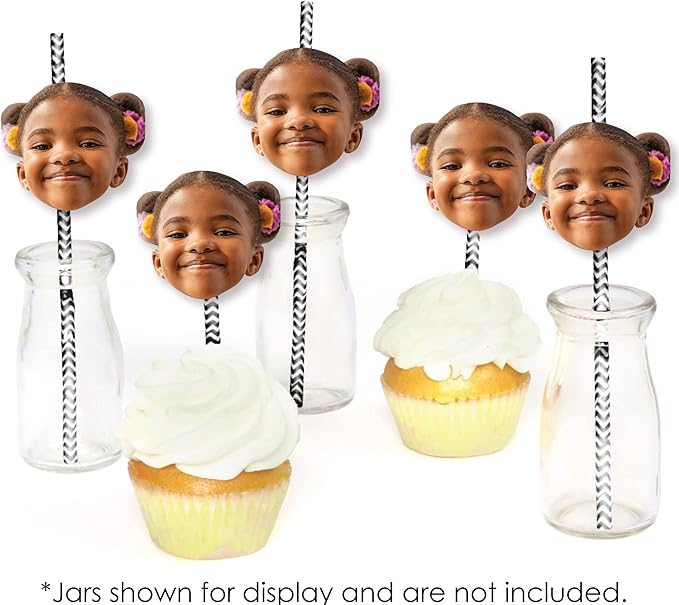 Big Dot of Happiness Fun Face Cutout Paper Straw Decor - Custom Photo Head Cut Out Striped Decorative Straws - Upload 1 Photo - Set of 24
