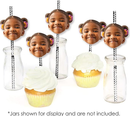 Big Dot of Happiness Fun Face Cutout Paper Straw Decor - Custom Photo Head Cut Out Striped Decorative Straws - Upload 1 Photo - Set of 24