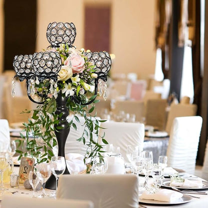 22.5" Black Metal & Crystal Tea Light Candle Holder - Wedding, Party Centerpiece for Events, Decorative Chandelier (1, Black)