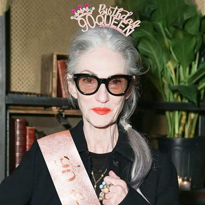 VELSCRUN 90th Birthday Queen Headband, Tiara Crown for Women, 90th Birthday Decorations for Her, Birth Queen Tiaras Crowns Sash for Women Mom Birth Party Decoration Hair Accessories Rose Gold