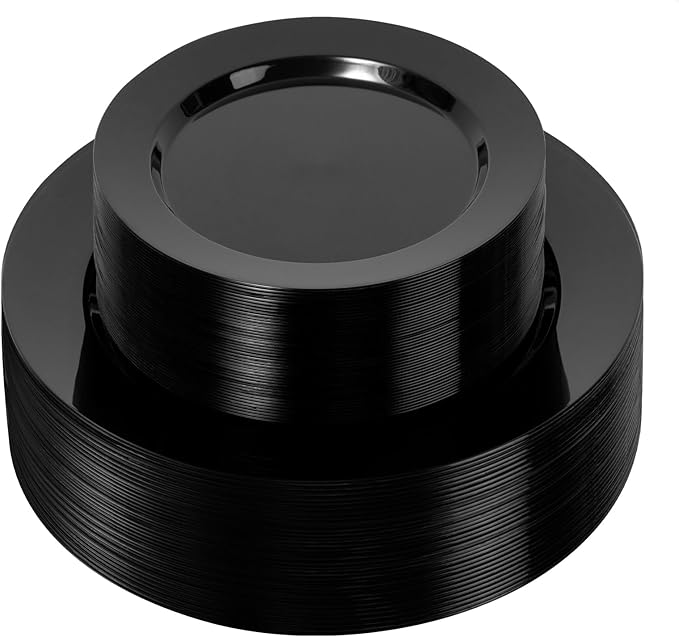 100PCS Black Plastic Plates, Black Disposable Plates for 50 Guests, 50 Dinner Plates 10.25 inch and 50 Dessert Plates 7.5 inch for Party, Graduation, Wedding