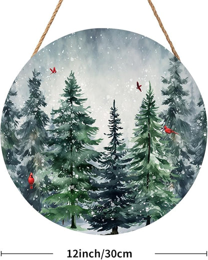 Winter Welcome Sign for Front Door Decor Winter Pine Trees Cardinal Wood Door Hanger for Outdoor Outside Porch Christmas Snowflakes Hanging Sign Xmas Holiday Wreath for Home Porch Wall 12”x12”