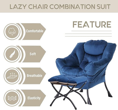 LITA Lazy Chair with Ottoman, Modern Accent Leisure Upholstered Sofa Chair, Contemporary Lounge Reading Chairs with Armrests and a Side Pocket for Living Room, Bedroom & Small Space, Royal Blue