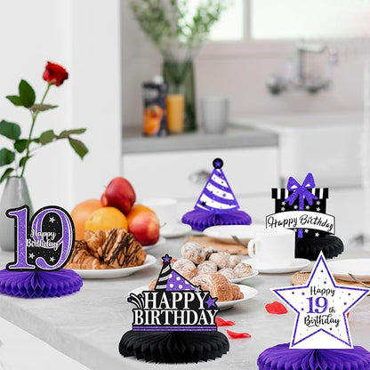Happy 19th Birthday Decorations,19th Birthday Purple Glitter Shiny Stand Honeycomb Table Centerpieces - Cheers to Nineteen Years Old Birthday Party Photoprop Gift Sign.