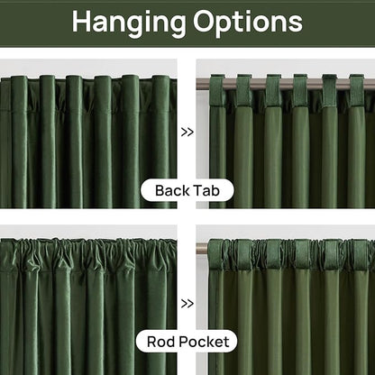 PRIMROSE Emerald Olive Green Velvet Curtains 63 inch Long for Living Room,Set of 2 Panels Blackout Rod Pocket Back Tab Window Treatment Room Darkening Heavy Decorative Curtains Drapes for Bedroom