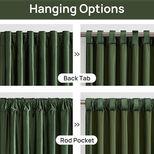 PRIMROSE Emerald Olive Green Velvet Curtains 63 inch Long for Living Room,Set of 2 Panels Blackout Rod Pocket Back Tab Window Treatment Room Darkening Heavy Decorative Curtains Drapes for Bedroom