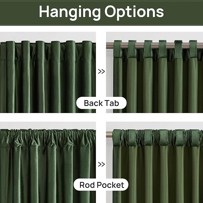 PRIMROSE Emerald Olive Green Velvet Curtains 96 inch Long for Living Room,Set of 2 Panels Blackout Rod Pocket Back Tab Window Treatment Room Darkening Heavy Decorative Curtains Drapes for Bedroom