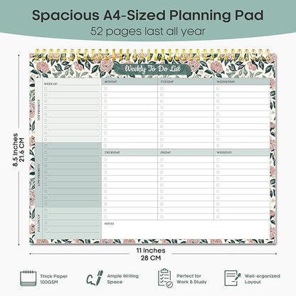 Taja Weekly To Do List Notepad with 52 Undated Sheets（8.5"×11"）- Weekly Desk Planner for Women & Man, Work and Home - 1 Pack Rose Meadow