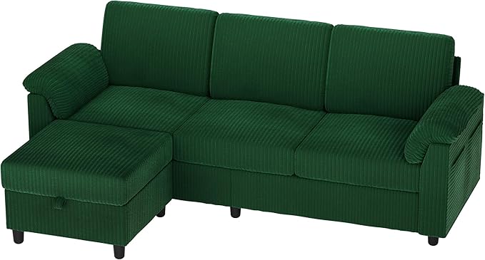 Vongrasig 79" Convertible Sectional Couch Sofa with Storage Ottoman, 3 Seat L Shaped Couch with Side Storage Pockage, Small Couches for Living Room, Apartment and Small Space (Green)