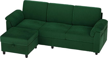 Vongrasig 79" Convertible Sectional Couch Sofa with Storage Ottoman, 3 Seat L Shaped Couch with Side Storage Pockage, Small Couches for Living Room, Apartment and Small Space (Green)