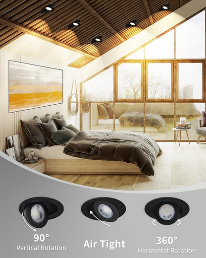 Adetu 4 inch 5CCT Gimbal Black Led Recessed Lights, 360°+90° Adjustable Directional Recessed Lighting, 2700K-5000K Dimmable Retrofit Eyeball Can Lights with Jbox, ETL&Energy Star (Black,12 Pack)