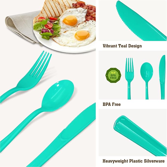150 Pack Teal Plastic Silverware, Teal Plastic Cutlery Set - 50 Forks and 50 Spoons, 50 Knives for Brithday, Wedding