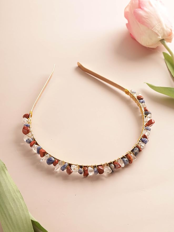 MINACHI Handcrafted Gold-Tone Hairband with Colorful Mixed Stones, Boho Bridal Accessories, Jewelry Gift for Women