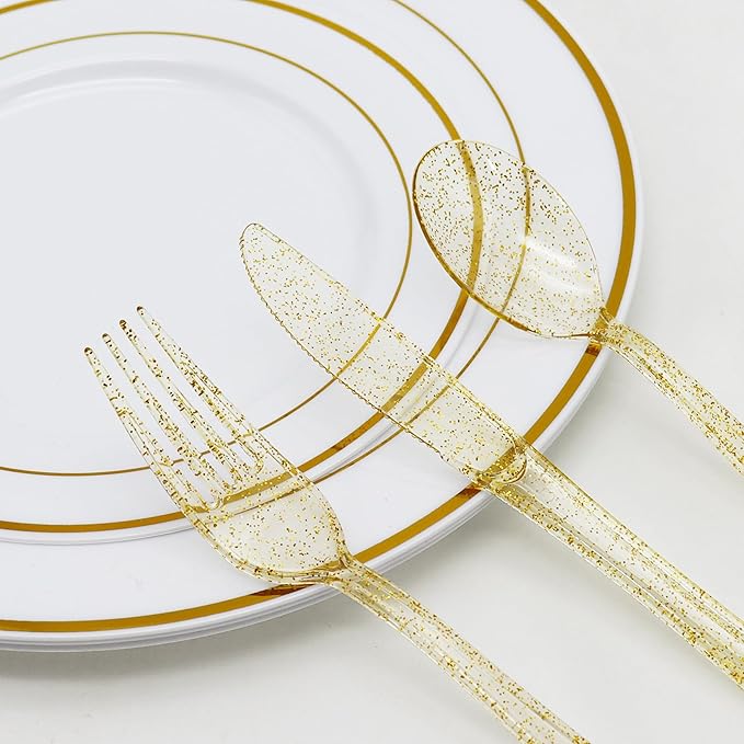 150 Pack Gold Plastic Silverware, Glitter Plastic Silverware Heavy Duty -50 Gold Glitter Forks, 50 Knives, 50 Spoons for Birthday, Baby Shower, Bridal Shower, Family Gathering