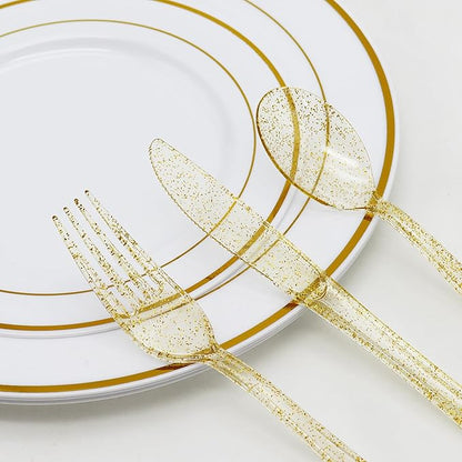 150 Pack Gold Plastic Silverware, Glitter Plastic Silverware Heavy Duty -50 Gold Glitter Forks, 50 Knives, 50 Spoons for Birthday, Baby Shower, Bridal Shower, Family Gathering