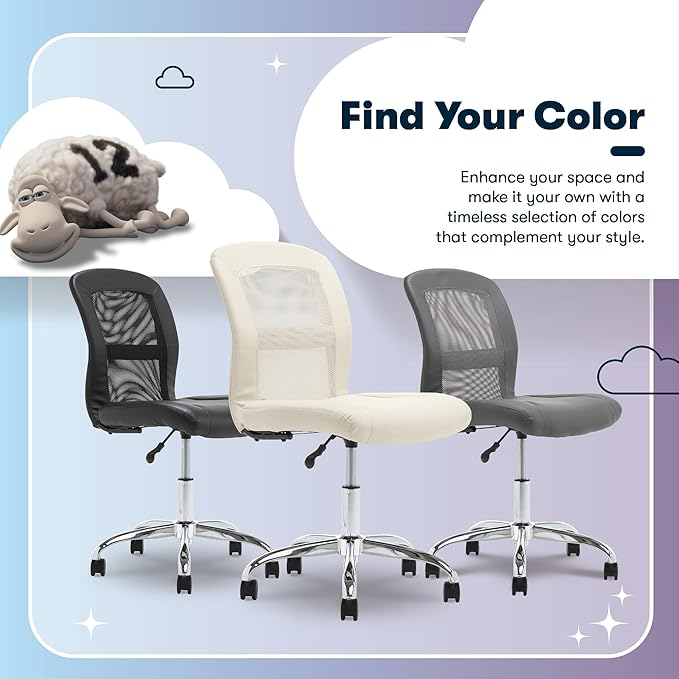 Serta Essential Armless TaskChair, Small Desk Chairs with Wheels, Breathable Mesh Back and Faux Leather, Quality Foam Cushion Seat for Comfort, Minimal Design for Vanity Table, Cream White