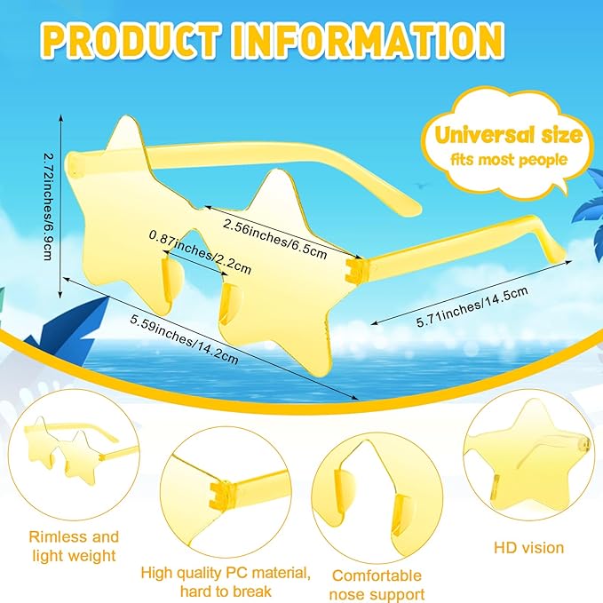 10/20/30/40 Pack Star Sunglasses Rimless Transparent Pentagram Shaped Sunglasses Bulk Party Favor Glasses for Women (20, Yellow)