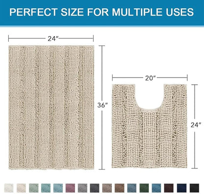 H.VERSAILTEX Bathroom Rug Sets 2 Piece Bath Mats Non Slip Thick Soft Chenille Striped Bath Rug achine Washable Shower Floor Rugs for Tub, Shower and Floor (Fog, 36"x24" Plus 20"x24" U)