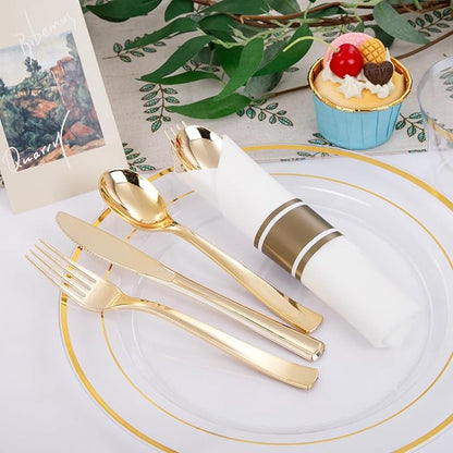 DaYammi 210PCS Clear Gold Plastic Dinnerware Set Christmas Plates Disposable Fancy Platos for Party Include: 30 Dinner Plates, 30 Dessert Plates, 30 Pre Rolled Napkins with Gold Silverware, 30 Cups