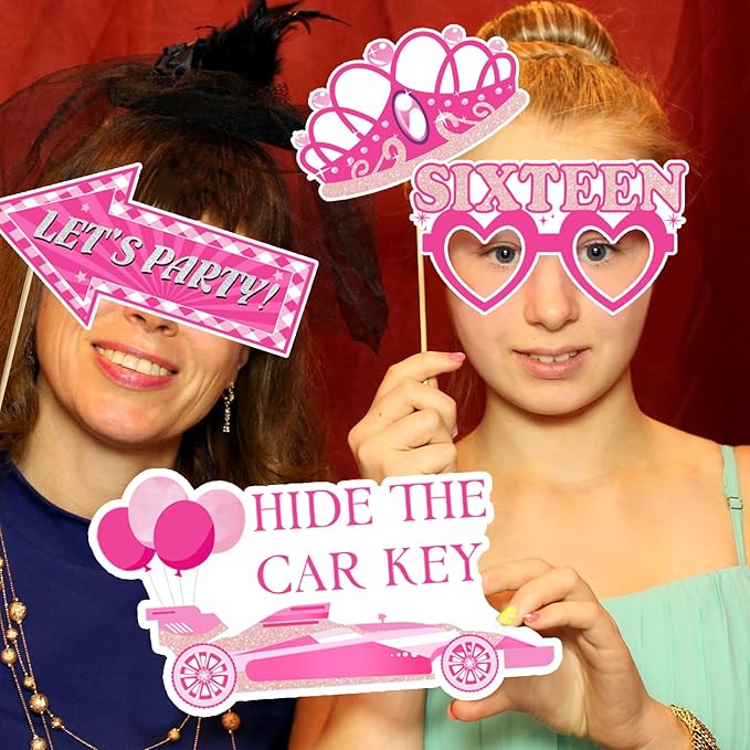 16th Birthday Party Photo Booth Props, Hot Pink Photo Booth Props for Girls 16th Birthday, Sweet Sixteen 16th Happy Birthday Party Decorations Supplies Favors