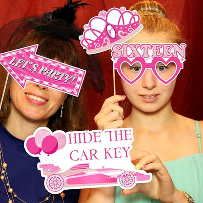 16th Birthday Party Photo Booth Props, Hot Pink Photo Booth Props for Girls 16th Birthday, Sweet Sixteen 16th Happy Birthday Party Decorations Supplies Favors
