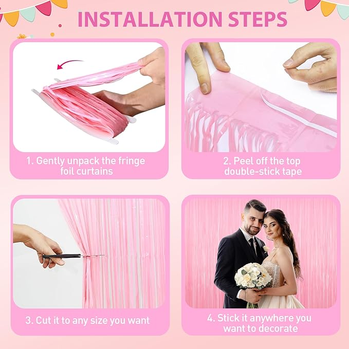 Pastel Pink Tinsel Backdrop Foil Fringe Curtains - 2 Packs Door Streamers Backdrop for Birthday Door Decorations, Party Supplies for Bachelorette, Graduation, Christmas, Disco Decor