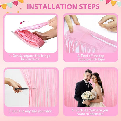 Pastel Pink Tinsel Backdrop Foil Fringe Curtains - 2 Packs Door Streamers Backdrop for Birthday Door Decorations, Party Supplies for Bachelorette, Graduation, Christmas, Disco Decor