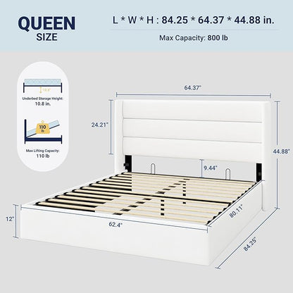 Allewie Queen Size Velvet Lift Up Storage Bed, Modern Wingback Headboard, Hydraulic Support, No Box Spring Needed, White
