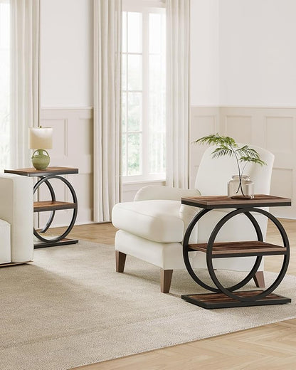 LITTLE TREE End Table Set 2, Side Table with 3 Tiers Shelves, Slim Sofa Side Table for Living Room, Tall Bedside Table Nightstand for Bedroom, Rustic Brown and Black