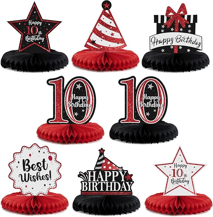 Happy 10th Birthday Decorations,10th Birthday Red Glitter Shiny Stand Honeycomb Table Centerpieces - Cheers to Ten Years Old Birthday Party Photoprop Gift Sign.