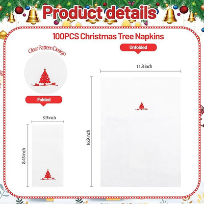 100PCS Christmas Paper Napkins - Red Christmas Tree Napkin with Built-in Flatware Pocket Prefolded Cloth-Like - Heavy-duty Linen-Feel Dinner Napkins Disposable for Xmas Events Tableware Decor