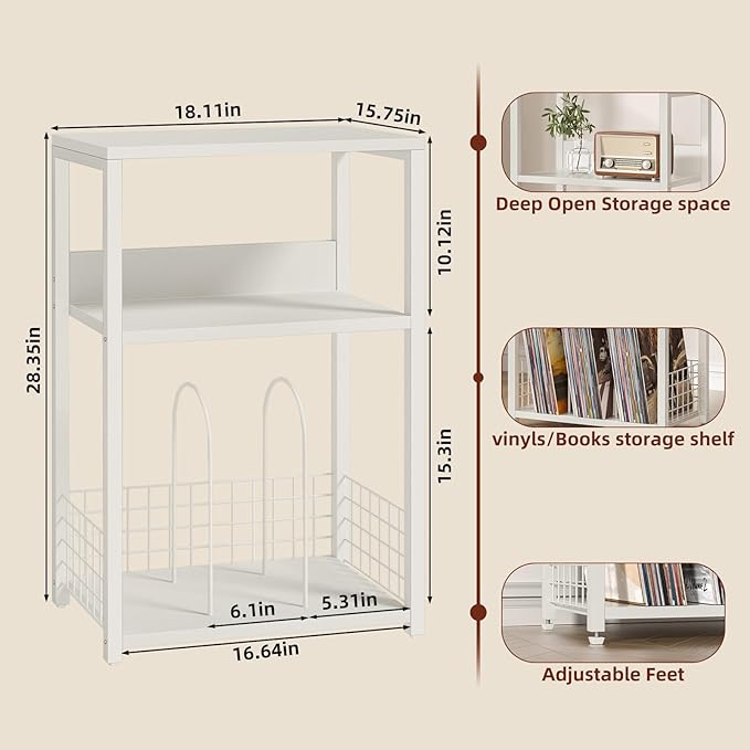 LELELINKY Large White Record Player Stand, 3 Tier 18" Wide Big End Table with Vinyl Storage Up to 130 Albums, Industrial Turntable Printer Tables, Modern Side Tables for Living Room, Bedroom, Office