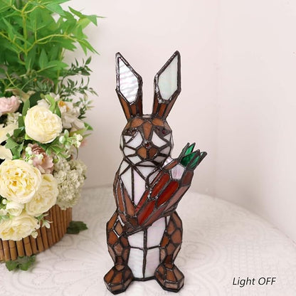 Bieye L10950 Rabbit Holds Carrot Tiffany Style Stained Glass Accent Table Lamp for Home Decor (Brown)