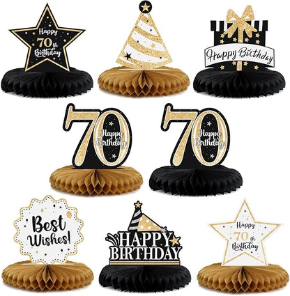 Happy 70th Birthday Decorations,70th Bday Gold Glitter Shiny Stand Honeycomb Table Centerpieces - Cheers to Seventy Years Old Birthday Party Photoprop Gift Sign.