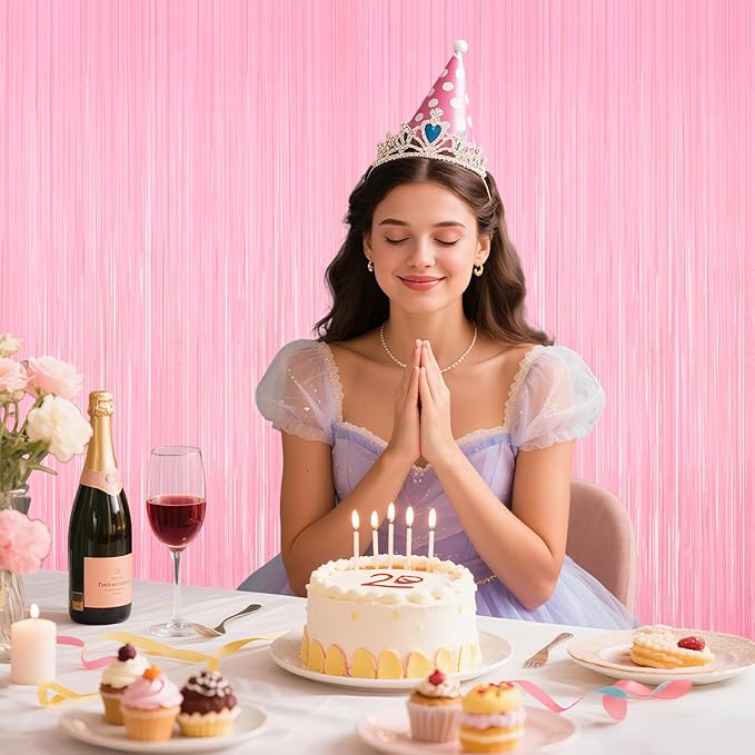 Pastel Pink Tinsel Backdrop Foil Fringe Curtains - 2 Packs Door Streamers Backdrop for Birthday Door Decorations, Party Supplies for Bachelorette, Graduation, Christmas, Disco Decor