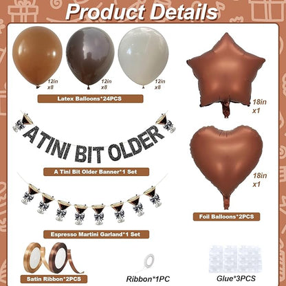 A Tini Bit Older Birthday Decorations Glitter Black Brown White Balloon Set Star Heart Foil Balloons Espresso Martini Glasses Bunting Banner Garland Bachelorette Bridal Shower Cocktail Night Bar Party