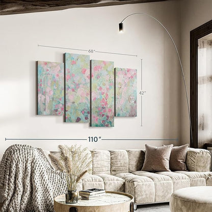 Elephant Stock Dancing Sakura Tree Wall Art - Horizontal Canvas - 4-Piece Living Room Wall Decor - Painting Abstract Canvas Print - Pink and Blue Decor for Wall by Ann Marie Coolick - 68" X 42"