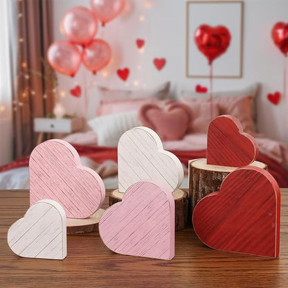 6pcs Valentines Day Decorations Red Pink White Rustic Heart Wooden Sign Valentine's Day Tiered Tray Decor Tabletop Valentines Day Centerpieces for Wedding Anniversary Home Party Supplies