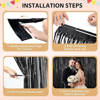 Black Tinsel Backdrop Foil Fringe Curtains - 2 Packs Door Streamers Backdrop for Birthday Door Decorations, Party Supplies for Bachelorette, Graduation, Christmas, Disco Decor