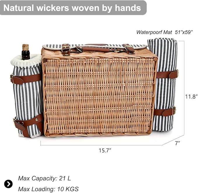 Multifunctional Wicker Picnic Basket Set for 2 with Blanket and Picnic Table, Insulated Picnic Set with Full Tablewares for Camping Outdoor Couples, Stripes