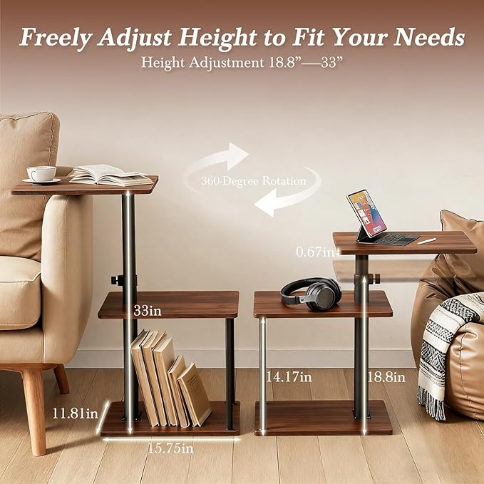 Swivel Side Table for Couch Arm, Adjustable C End Table for Recliner or Bed, Tv Trays with Storage Shelf for Small Spaces Small Nightstand Table for Living Room, Bedroom，Walnut 2pc