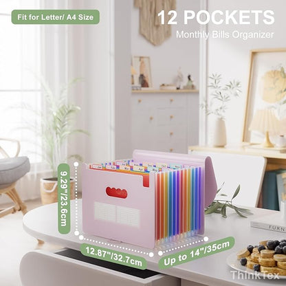 ThinkTex Accordion File Organizer, 12 - Pocket Expanding File Folders for Paper Receipts, Bills & Taxes Organizer, Letter/A4 Size Document Holder for School, Office, Home with tabs-Pinkish Purple
