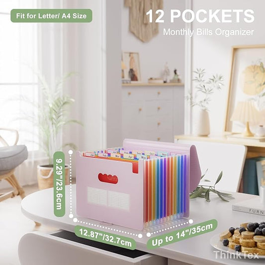 ThinkTex Accordion File Organizer, 12 - Pocket Expanding File Folders for Paper Receipts, Bills & Taxes Organizer, Letter/A4 Size Document Holder for School, Office, Home with tabs-Pinkish Purple