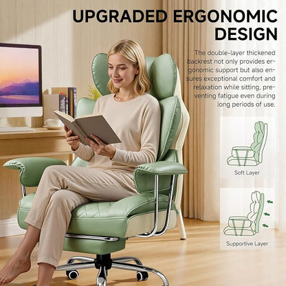 COMHOMA Big and Tall Office Chair, High Back Leather Gaming Chair with Footrest, Executive Ergonomic Office Chairs with Pocket Spring Lumbar Support and with Outward Fixed Soft Armrests
