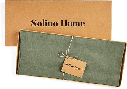 Solino Home Linen Oil Green Table Runner 108 Inches Long - 100% Pure Linen 14 x 108 Inch Table Runner for Fall, Autumn, Christmas, New Year - Fete