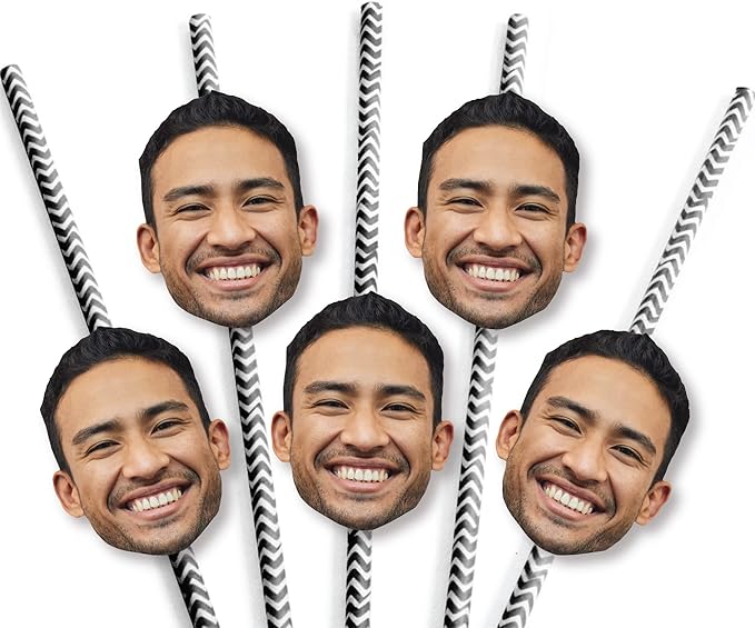 Big Dot of Happiness Fun Face Cutout Paper Straw Decor - Custom Photo Head Cut Out Striped Decorative Straws - Upload 1 Photo - Set of 24