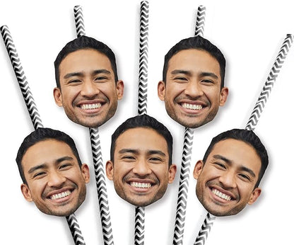 Big Dot of Happiness Fun Face Cutout Paper Straw Decor - Custom Photo Head Cut Out Striped Decorative Straws - Upload 1 Photo - Set of 24