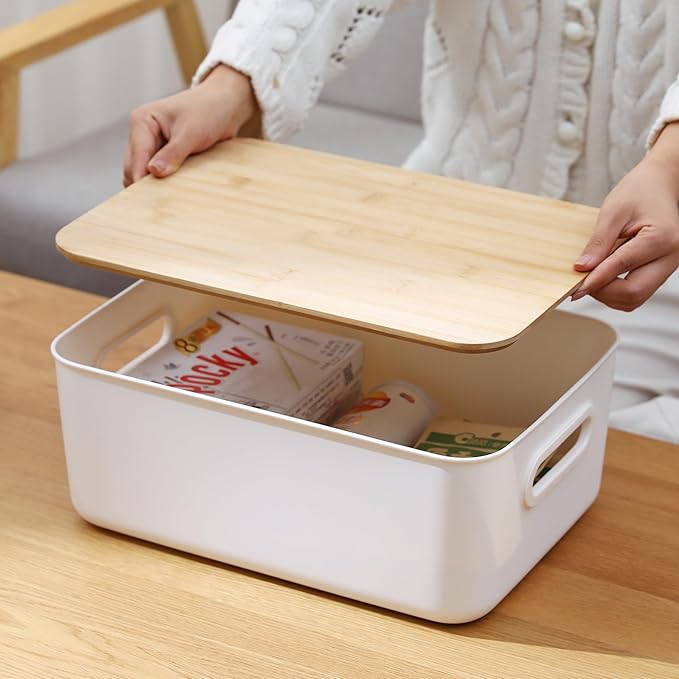 Citylife 4 PCS Storage Bins with Bamboo Lids Plastic Storage Containers for Organizing Stackable Storage Box with Handle, 14 x 10.6 x 6.18 inch